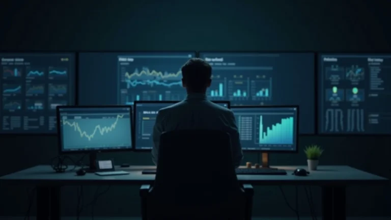 Editorial scene: financial analyst at a desk with RWA dashboards and tokenized asset icons on screens.
