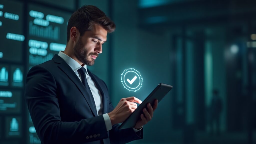 Editorial portrait of a suited executive viewing a tablet displaying a tokenized stock icon, with a custody facility in the background.