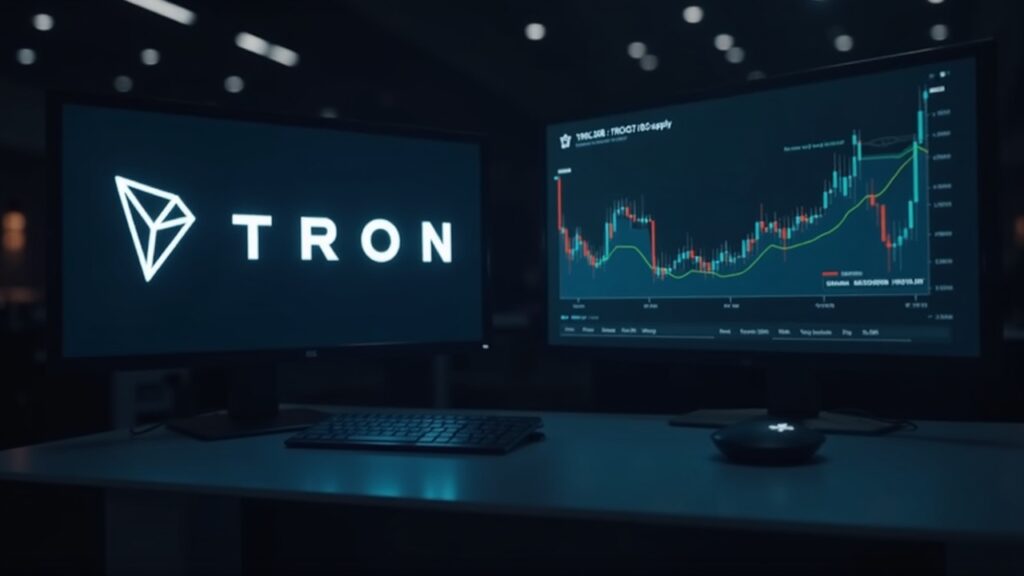 Editorial newsroom shot with a monitor displaying TRON and USDT logos and a chart highlighting 90.293B TRC20 USDT supply