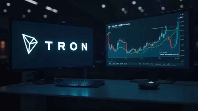 Editorial newsroom shot with a monitor displaying TRON and USDT logos and a chart highlighting 90.293B TRC20 USDT supply