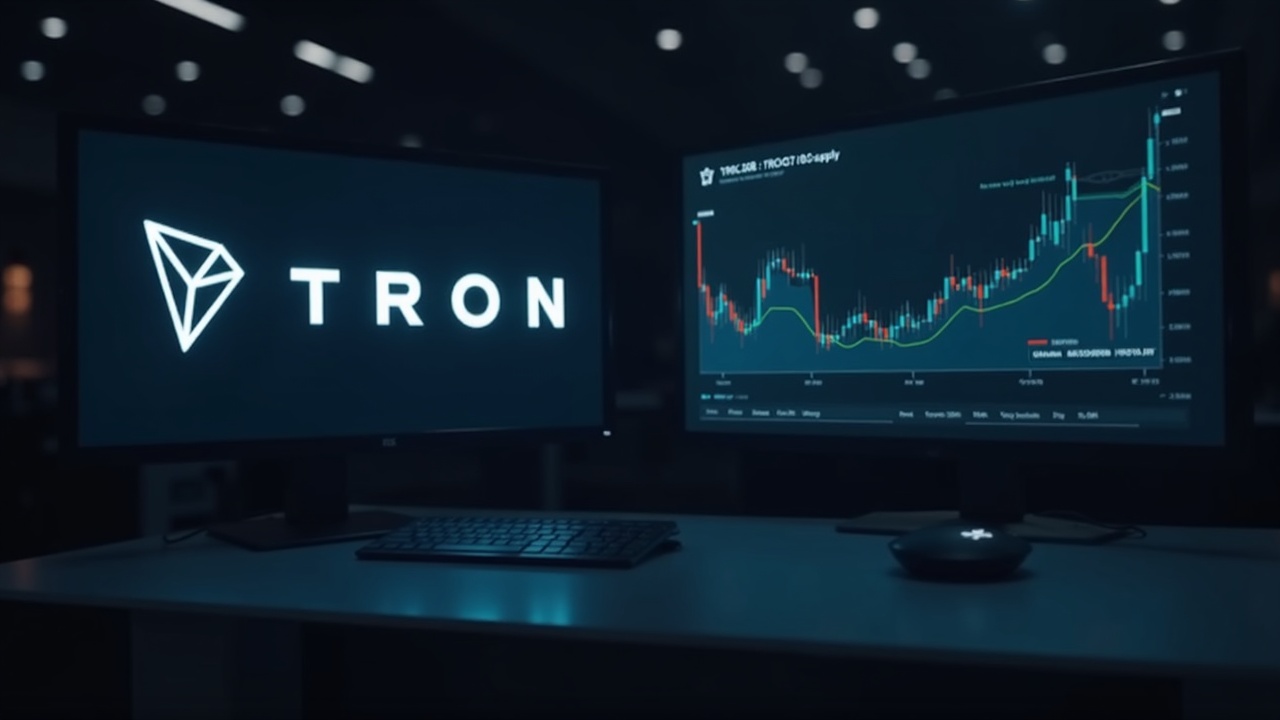 Editorial newsroom shot with a monitor displaying TRON and USDT logos and a chart highlighting 90.293B TRC20 USDT supply