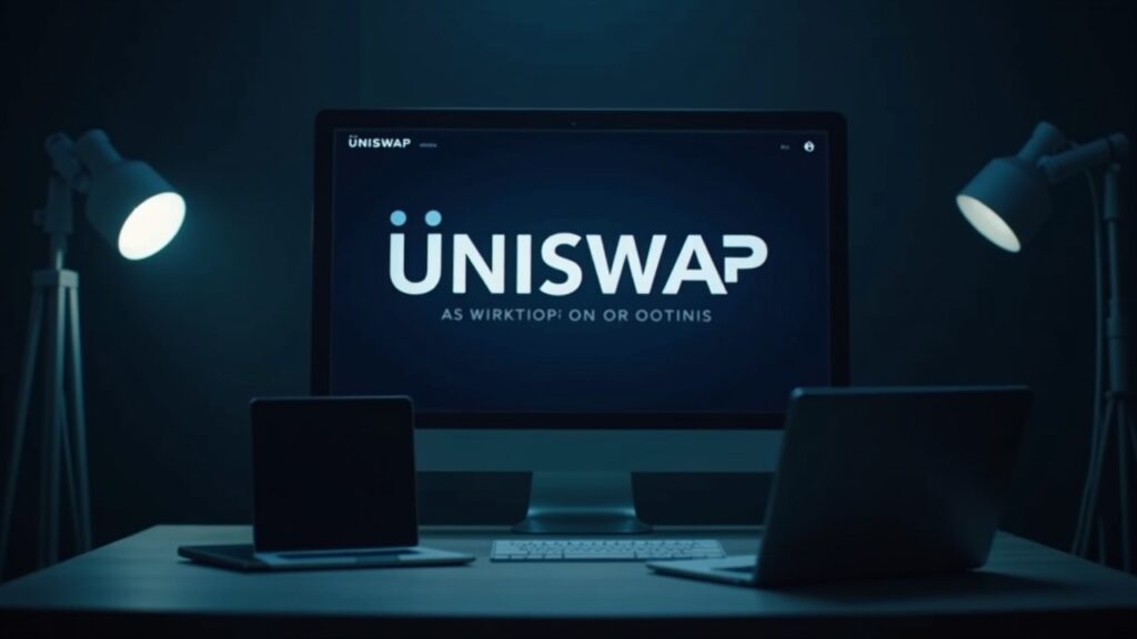 Editorial newsroom scene showing a central analyst, monitor with Uniswap logo and 15B weekly volume readout