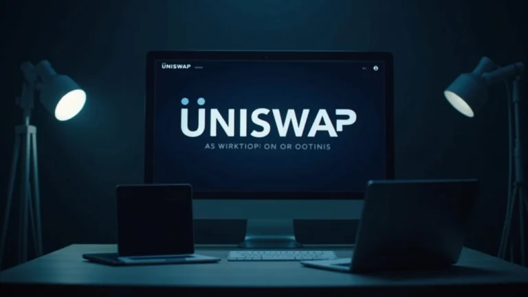 Editorial newsroom scene showing a central analyst, monitor with Uniswap logo and 15B weekly volume readout