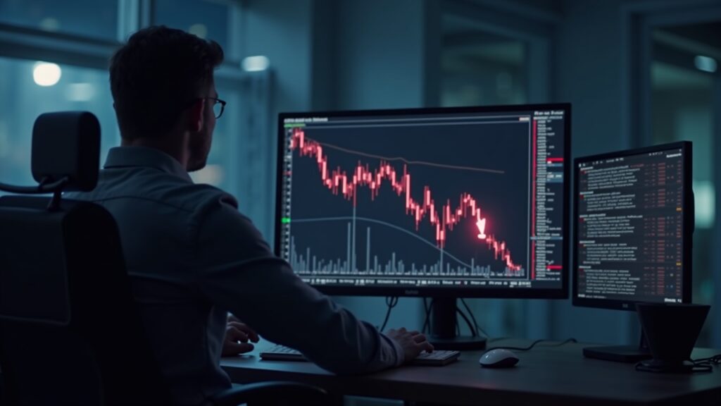 Professional analyst monitors a Bitcoin ETF price chart with red outflow arrows in a newsroom.