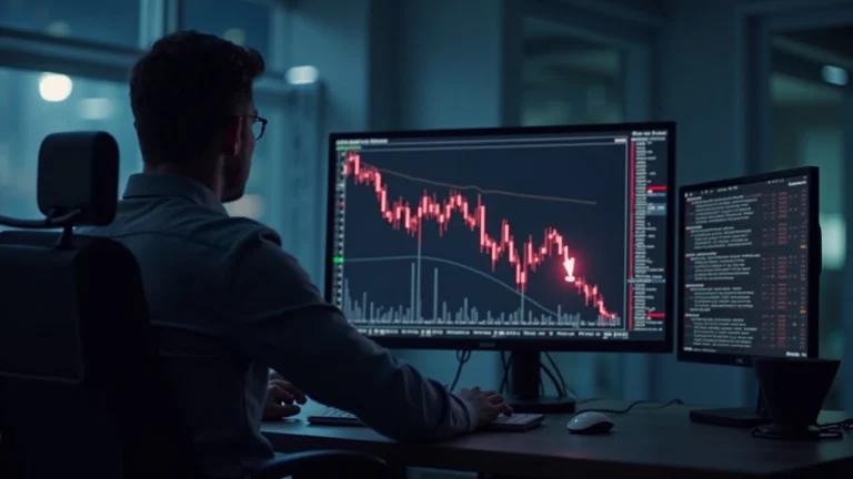 Professional analyst monitors a Bitcoin ETF price chart with red outflow arrows in a newsroom.