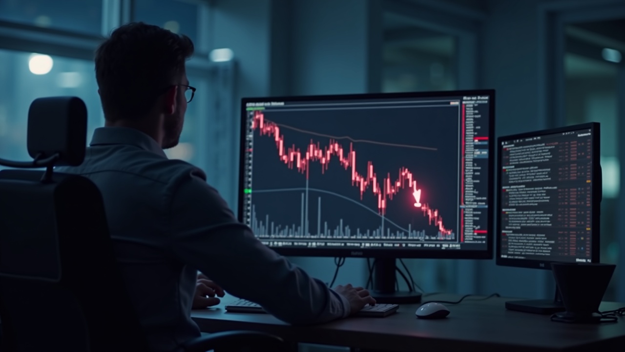 Professional analyst monitors a Bitcoin ETF price chart with red outflow arrows in a newsroom.