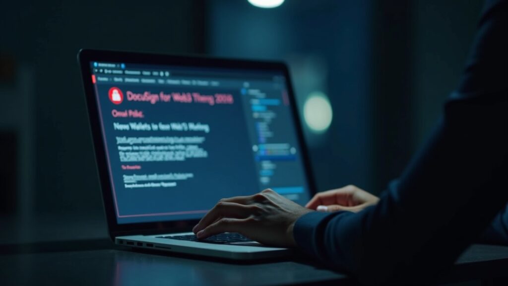 Serious security analyst at a desk with a laptop showing a DocuSign-like phishing email targeting Web3 wallets.