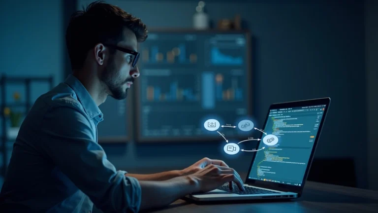 Focused developer at a desk with a laptop showing code and a payment flow diagram illustrating x402 AI payments.