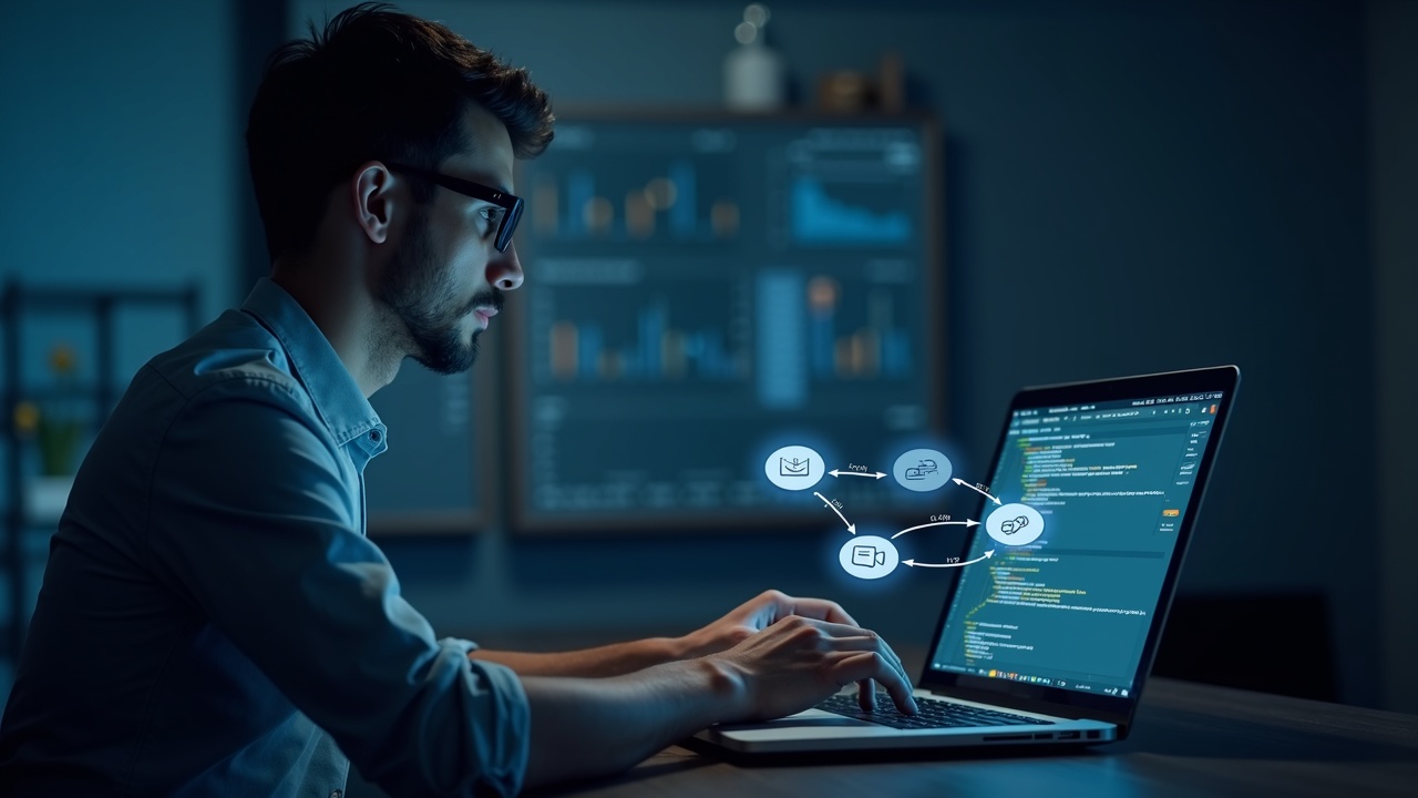Focused developer at a desk with a laptop showing code and a payment flow diagram illustrating x402 AI payments.