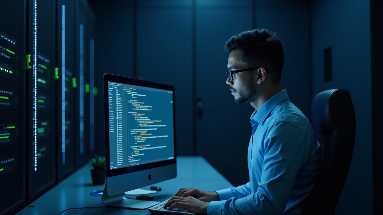 Data center technician at a console showing Zebra 6.2.3 update against rows of servers.
