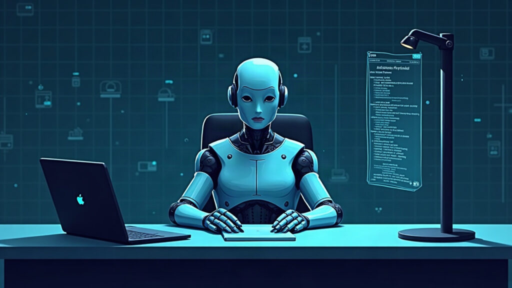Central AI agent at a desk with a digital ledger in the background, illustrating on-chain payments via the x402 protocol.