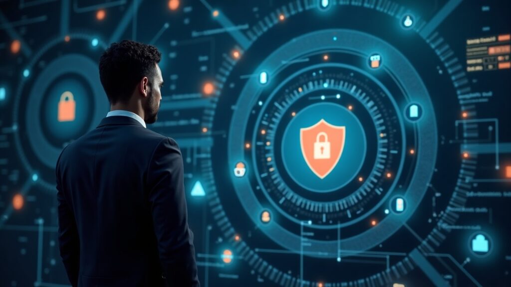 Security analyst in a suit reviews a digital display showing AI agents, blockchain nodes, and a shield icon.