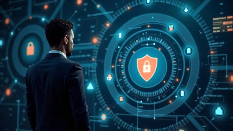 Security analyst in a suit reviews a digital display showing AI agents, blockchain nodes, and a shield icon.
