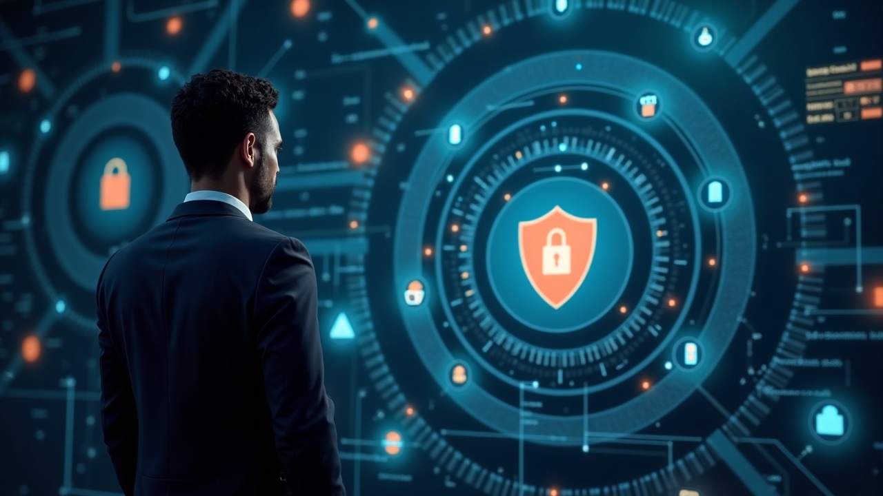 Security analyst in a suit reviews a digital display showing AI agents, blockchain nodes, and a shield icon.