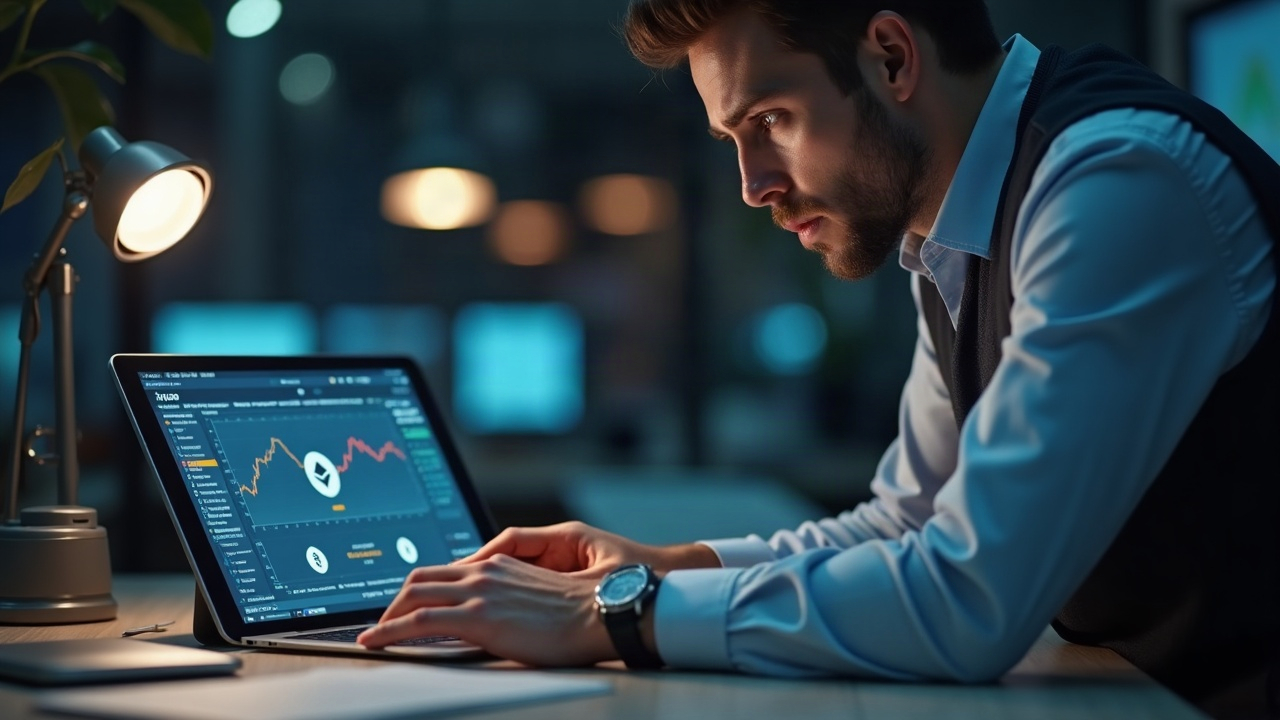 Editorial portrait of a serious analyst at a newsroom desk, tablet shows Base and Ethereum icons with Beezie gacha motif.