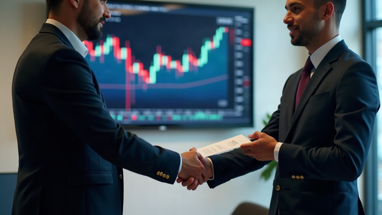 Two executives sign an agreement in a sleek office, with a digital asset trading screen in the background signaling the BitGo-NYDIG deal.