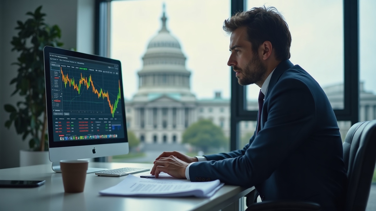 Editorial portrait of a financial analyst at a desk with a tablet showing Bitcoin and regulatory papers, Capitol in the background.