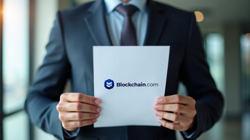 Editorial portrait of a suited executive presenting a document with Blockchain.com logo and Cayman VASP seal in a newsroom.