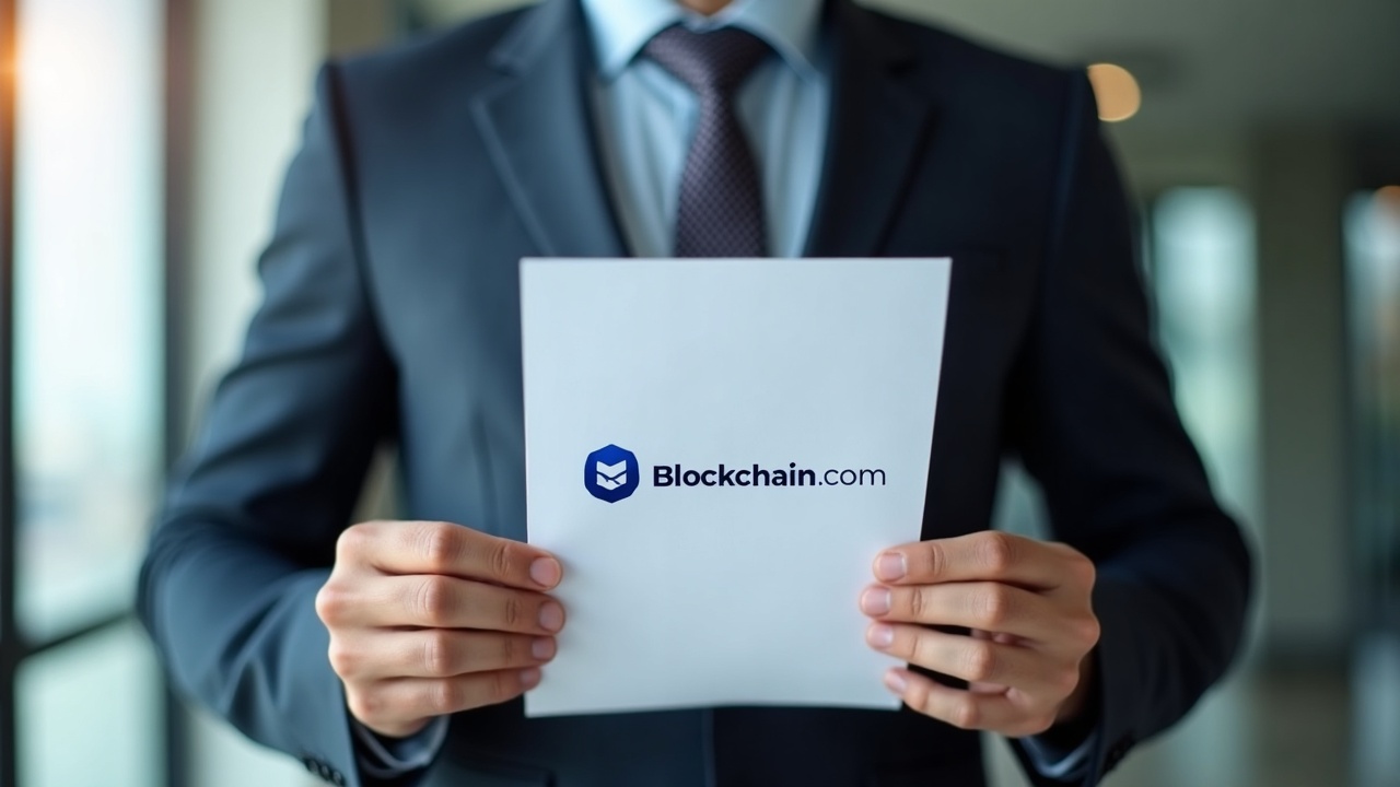 Editorial portrait of a suited executive presenting a document with Blockchain.com logo and Cayman VASP seal in a newsroom.