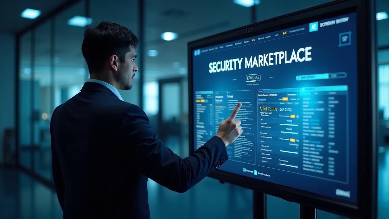 Professional in a suit examines a large screen displaying a security marketplace directory branded with AvengerDAO and BNB Chain.
