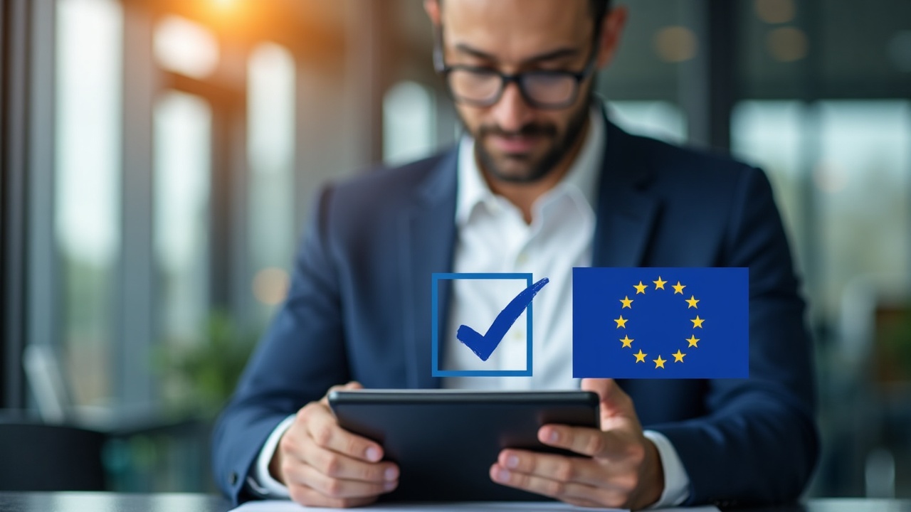 Business professional reviews a tablet showing the EU flag and a MiCA approval checkmark.