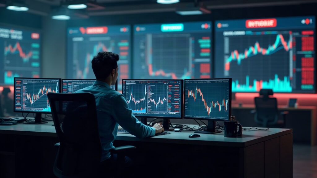 Trader at a desk with Bybit branding, two monitors showing OpenAIUSDT, SHEINUSDT and ANTHROPICUSDT tickers in a newsroom