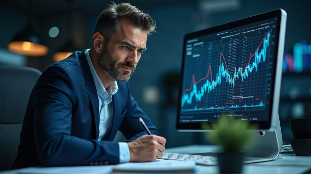 Executive at a desk with a digital ledger showing tokenized €22 trillion assets, branded for Clearstream, Ondo, and 360X.