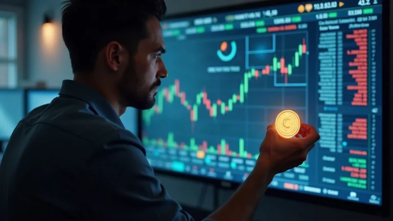 Editorial portrait of professional investor reviewing screen of tokenized U.S. stocks on Base with Centrifuge integration.