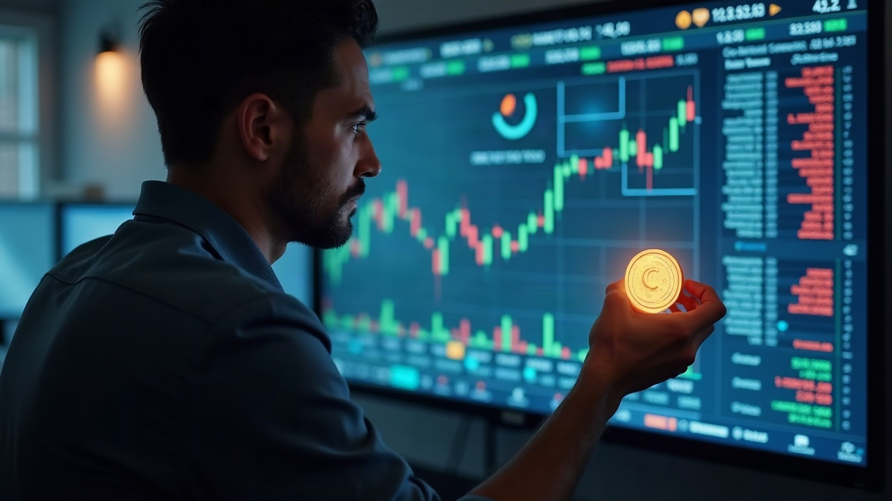 Editorial portrait of professional investor reviewing screen of tokenized U.S. stocks on Base with Centrifuge integration.