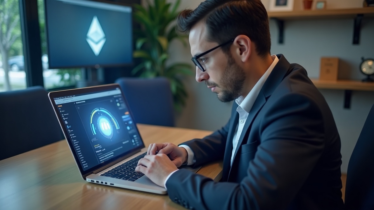 Professional journalist examines a Compas NFT on a laptop, Ethereum logo in the background.