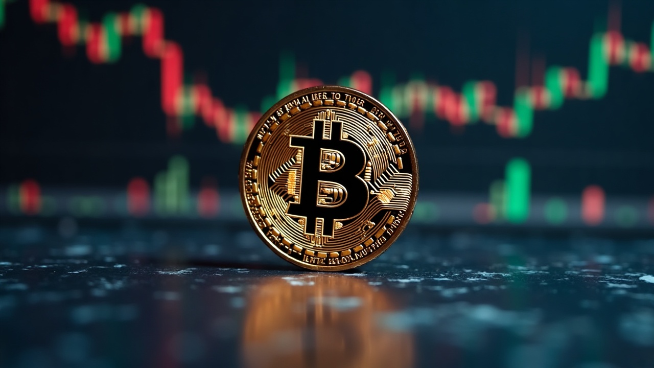 Editorial photo: centered Bitcoin symbol, 64,000 price readout, and calm stock charts in a neutral newsroom setting