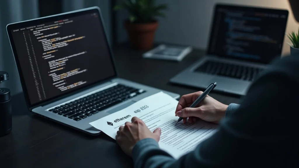 Editorial shot of a crypto analyst at a tidy desk reviewing an EIP-8363 draft; laptop shows Ethereum logo and code.