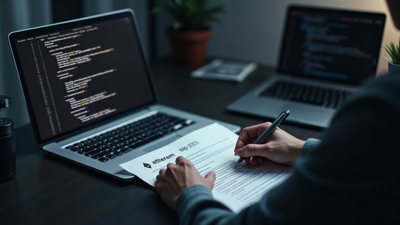Editorial shot of a crypto analyst at a tidy desk reviewing an EIP-8363 draft; laptop shows Ethereum logo and code.