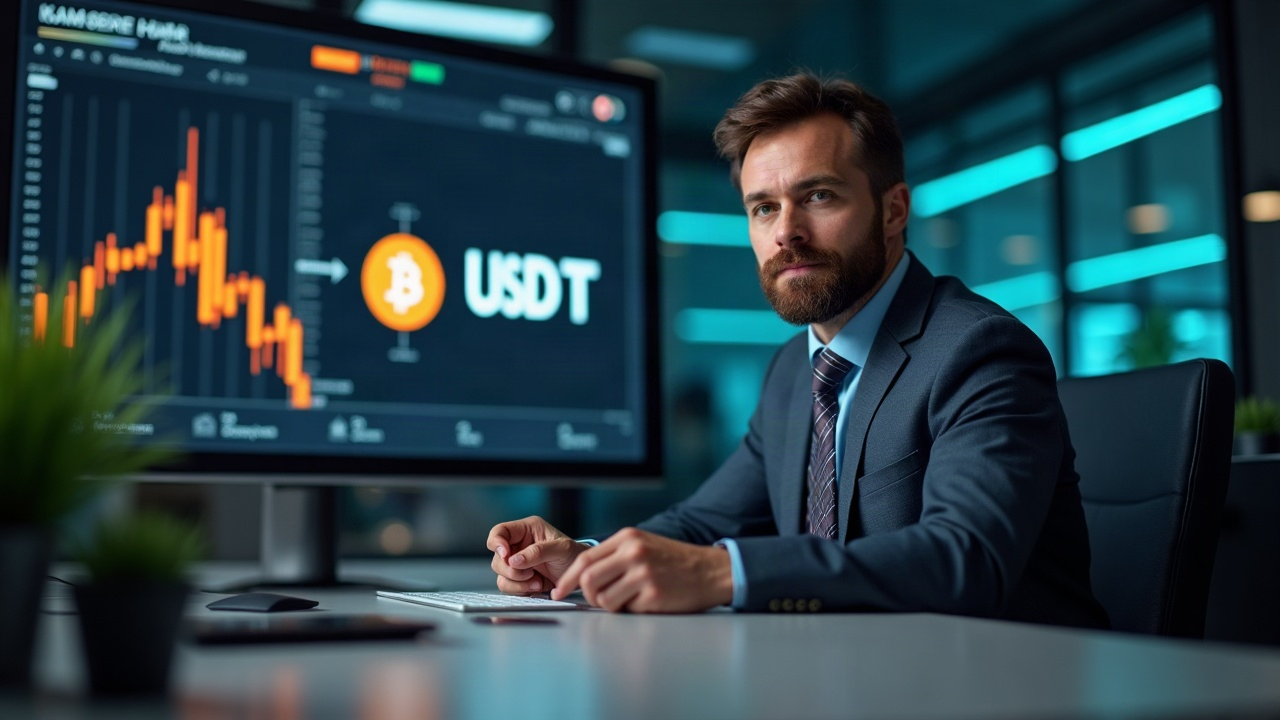 Editorial portrait of a finance professional at a desk, screen shows USDC/USDT parity and 0 bps.