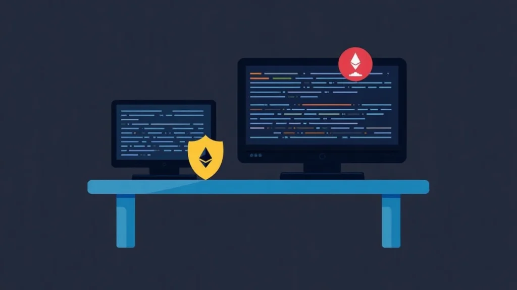 Desk with two monitors showing Erigon v3.5.5 and Teku v26.8.0 release notes, shield icon and Ethereum logo.