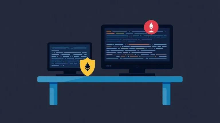 Desk with two monitors showing Erigon v3.5.5 and Teku v26.8.0 release notes, shield icon and Ethereum logo.