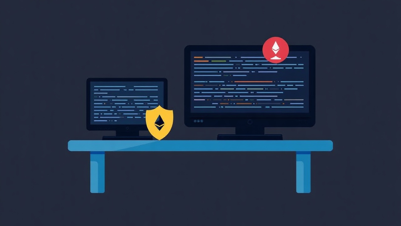 Desk with two monitors showing Erigon v3.5.5 and Teku v26.8.0 release notes, shield icon and Ethereum logo.