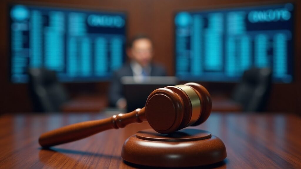 Courtroom scene with a gavel and flight dashboards illustrating a data-rights dispute between FlightAware and Kalshi