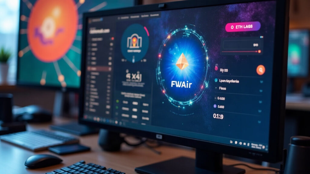 Newsroom desk with FWAir NFT art on a monitor and a wallet showing 0.25 ETH, illustrating the NFT gacha launch.