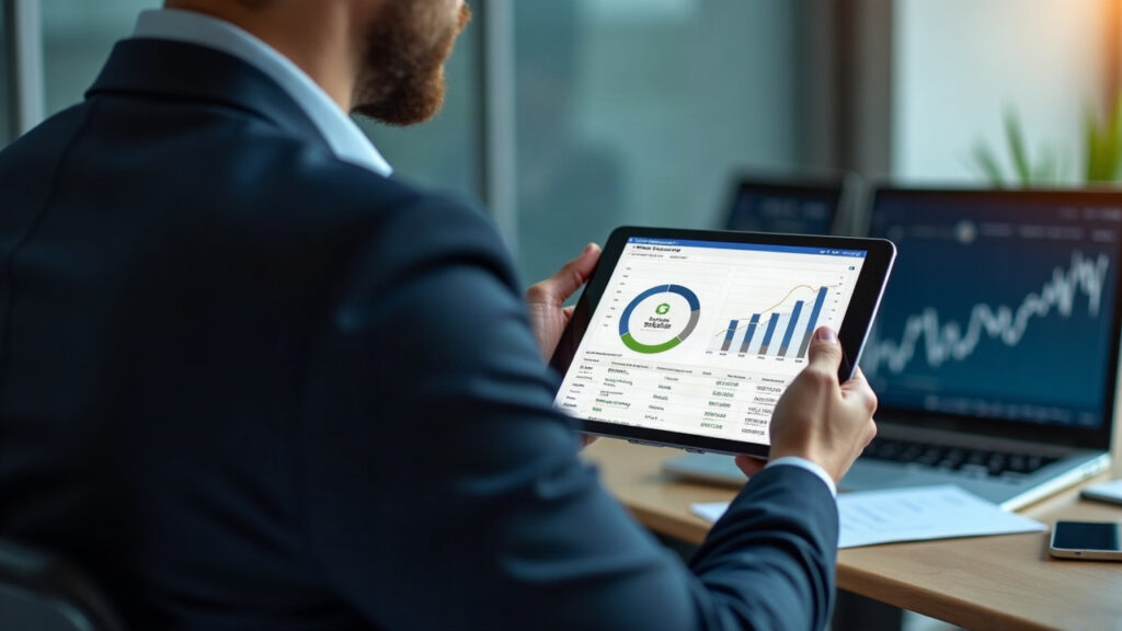 Professional investor views grBENJI tokenized US government money market fund on a tablet, with subtle blockchain imagery.