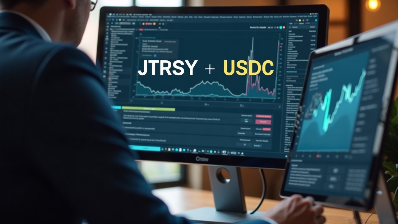 Professional at a desk with a monitor showing JTRSY token and USDC, illustrating on-chain redemption via Grove Basin.