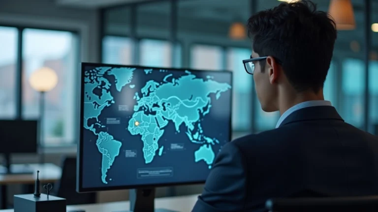 Editorial portrait of a business executive in a modern office with a JPYC logo and map, showing instant yen settlements.