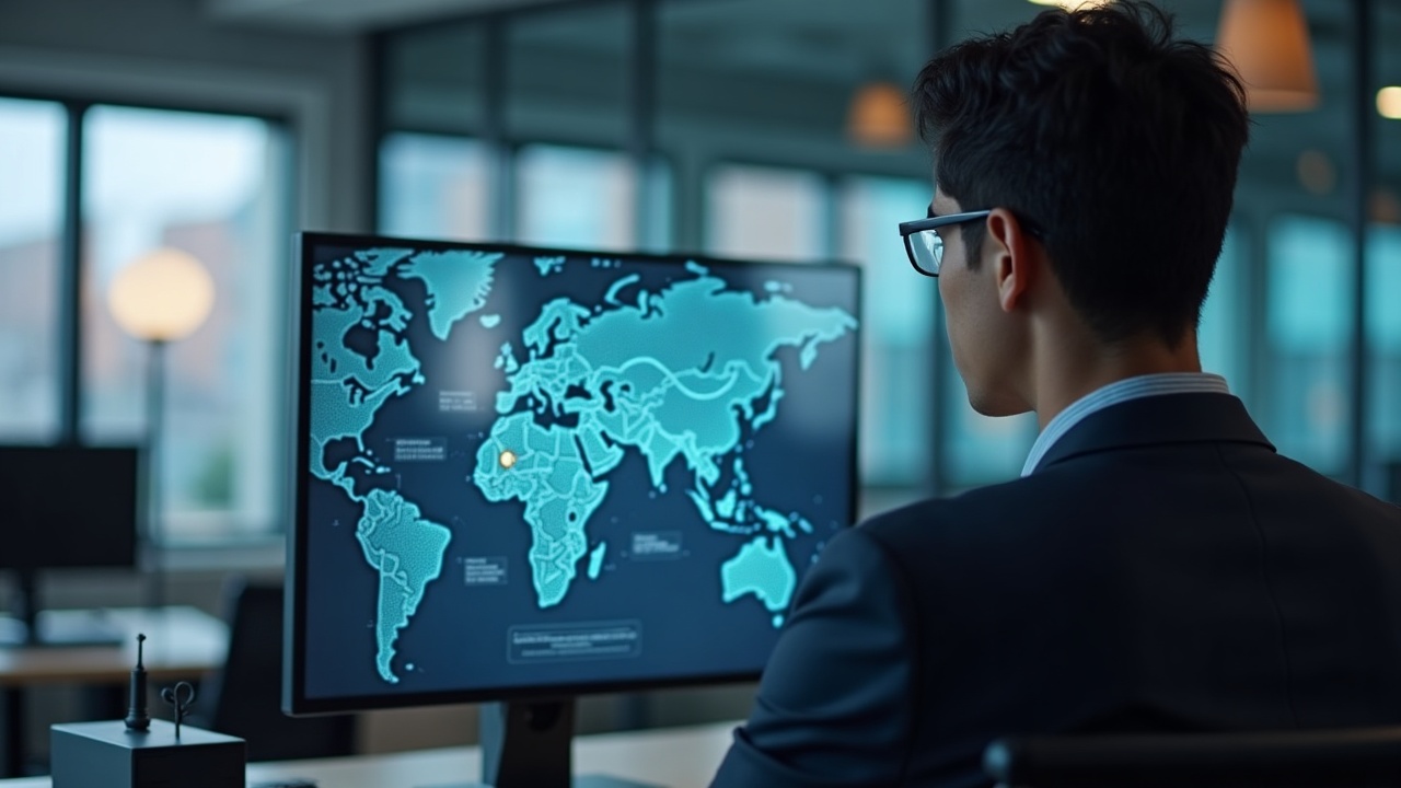 Editorial portrait of a business executive in a modern office with a JPYC logo and map, showing instant yen settlements.