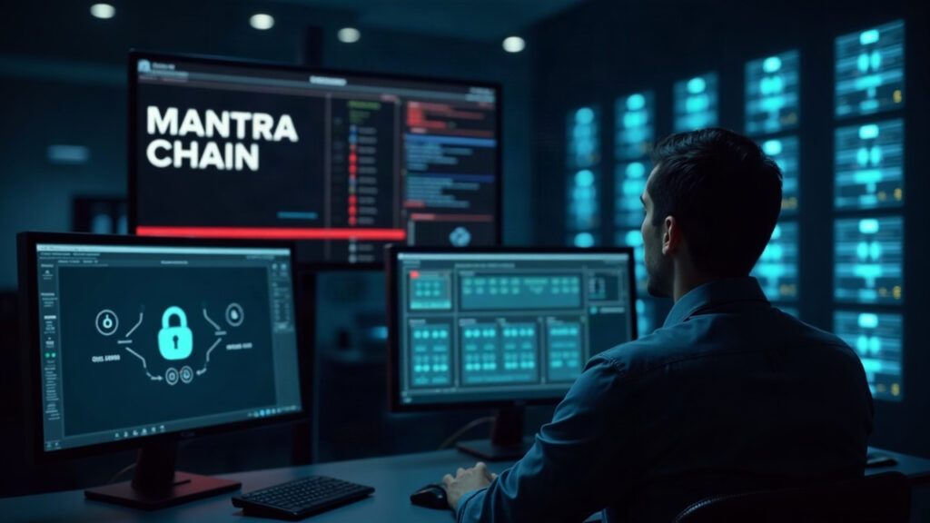 Data-center control room with an operator monitoring a screen labeled MANTRA Chain halted.