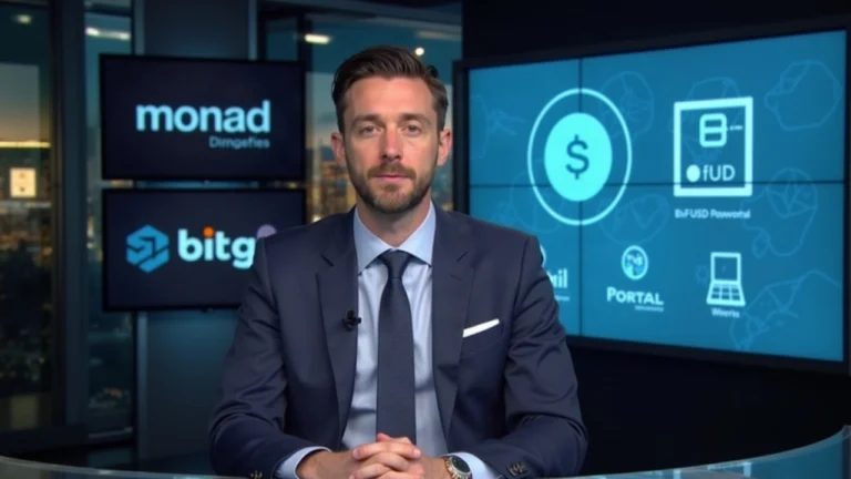 Analyst portrait in newsroom with a large monitor displaying SoFiUSD on Monad, BitGo vault, and Portal interface.