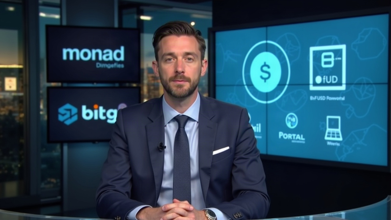 Analyst portrait in newsroom with a large monitor displaying SoFiUSD on Monad, BitGo vault, and Portal interface.