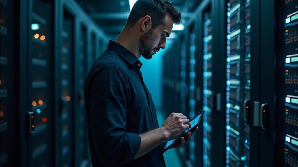 Professional beside a server rack, with a shield motif and code backdrop signaling hardware-backed on-chain security.