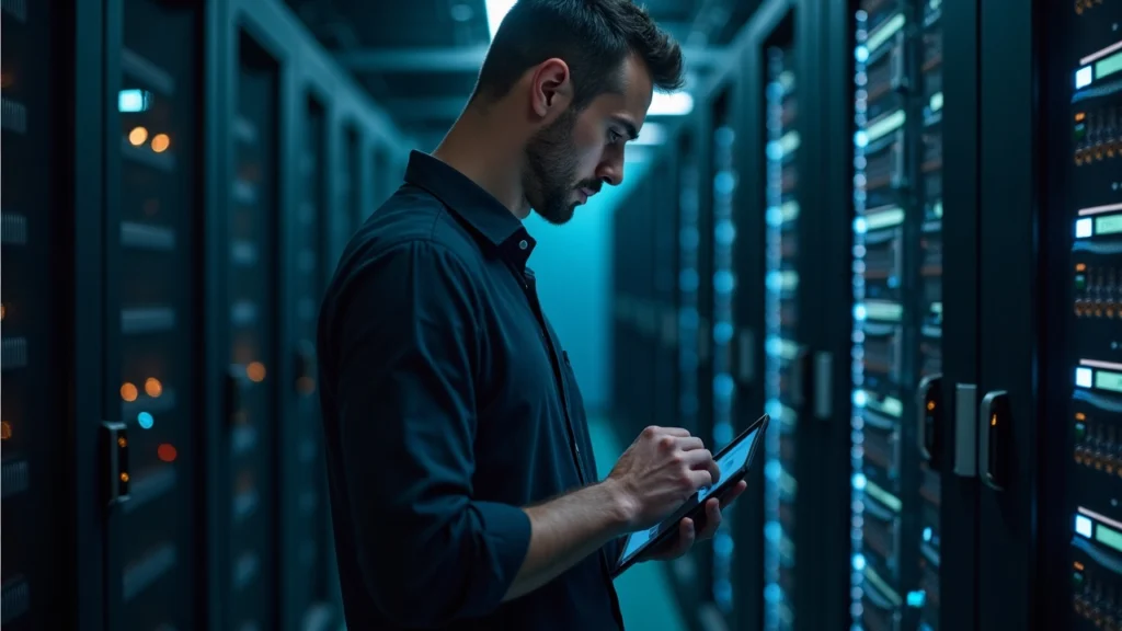 Professional beside a server rack, with a shield motif and code backdrop signaling hardware-backed on-chain security.