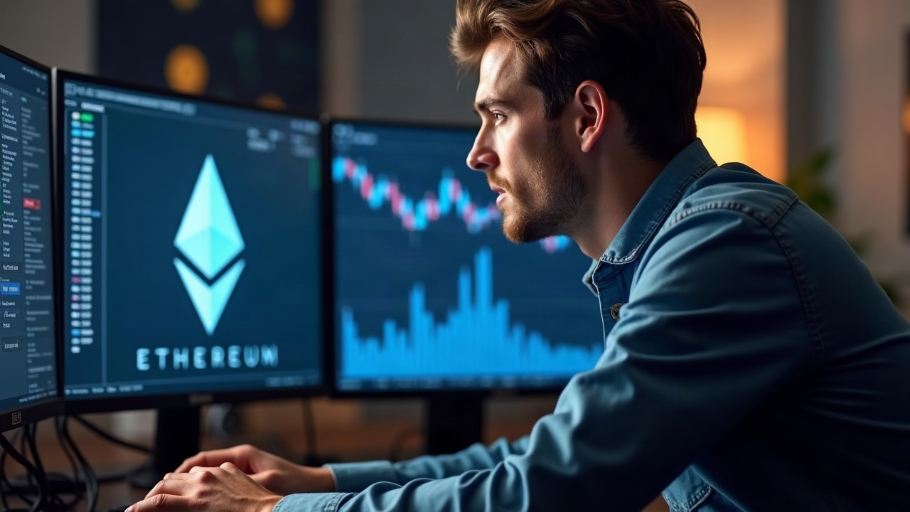 Editorial portrait of a market analyst at a desk, Ethereum logo and Pandora NFT on screen, weekly volume in the background.