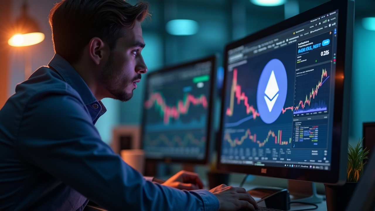 Professional analyst reviews NFT market data on screen showing Ethereum logo and Pudgy Penguins artwork.